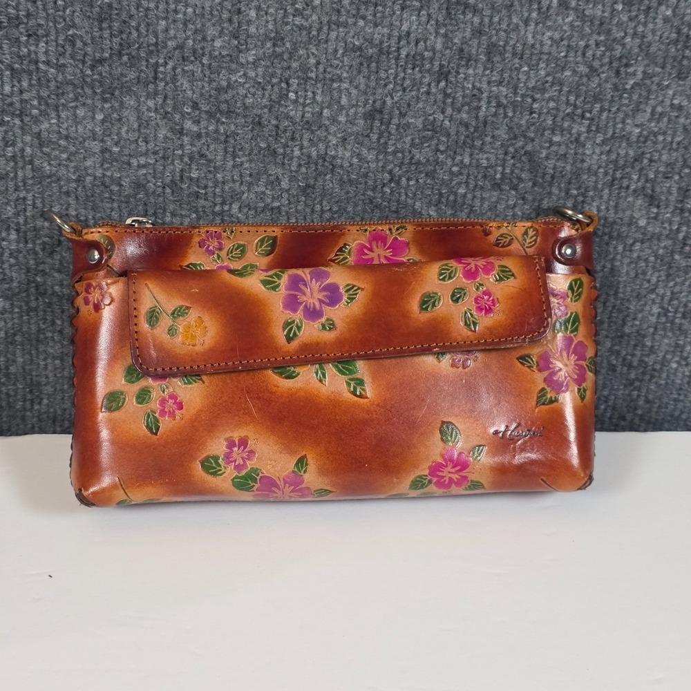 VTG‎ Genuine Leather Clutch Zip Wallet Engraved Zip Closure Floral Hawaii